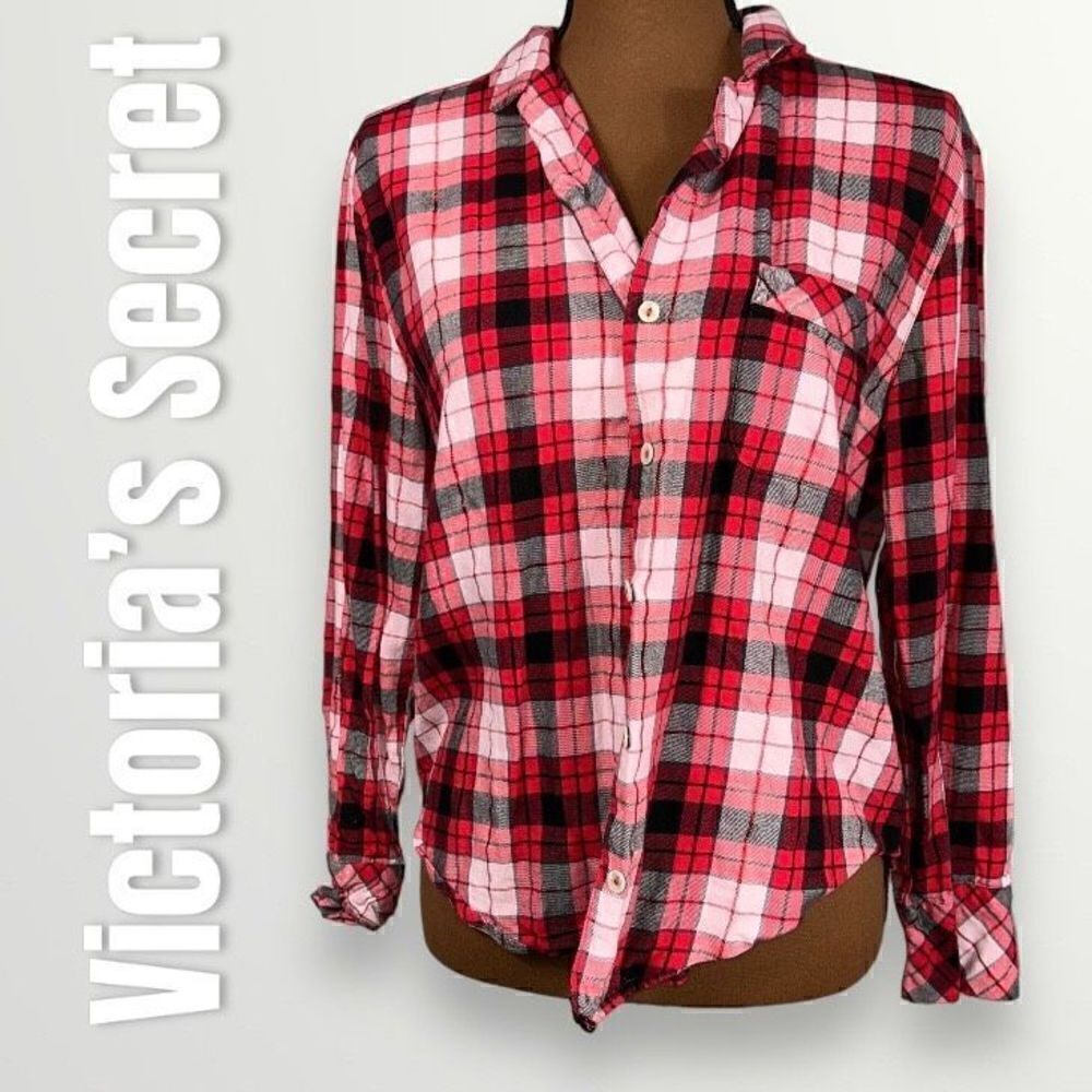 Victoria’s Secret, Button Up Plaid Flannel Top, Red Black White, Women’s Small
